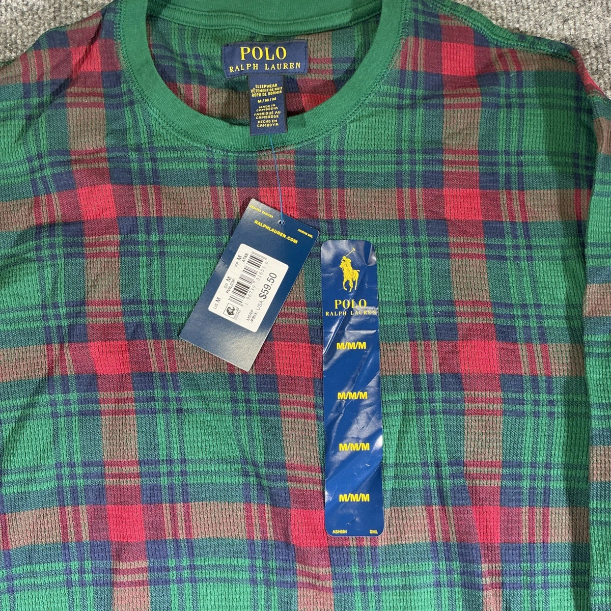 Polo Ralph Lauren Mens Med M Waffle Knit Sleepwear Shirt Thermal Red Green Plaid