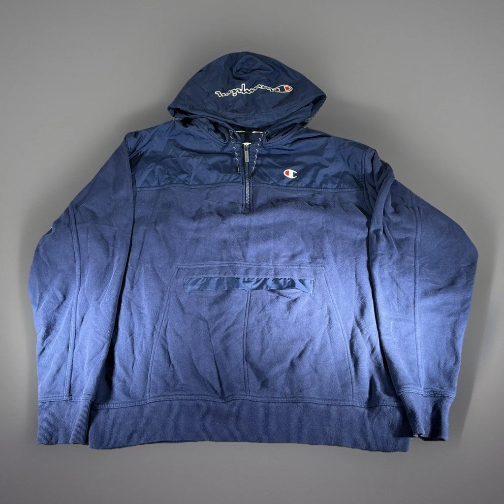 Champion Hoodie Mens Large Blue Cotton Blend Quarter Zip Pullover Sweatshirt