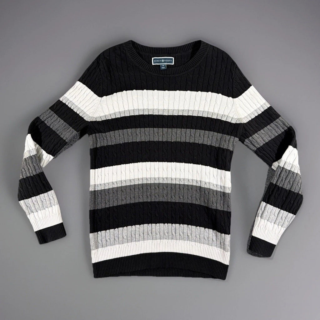 Karen Scott Black White Gray Color Block Chunky Knit Cotton Sweater