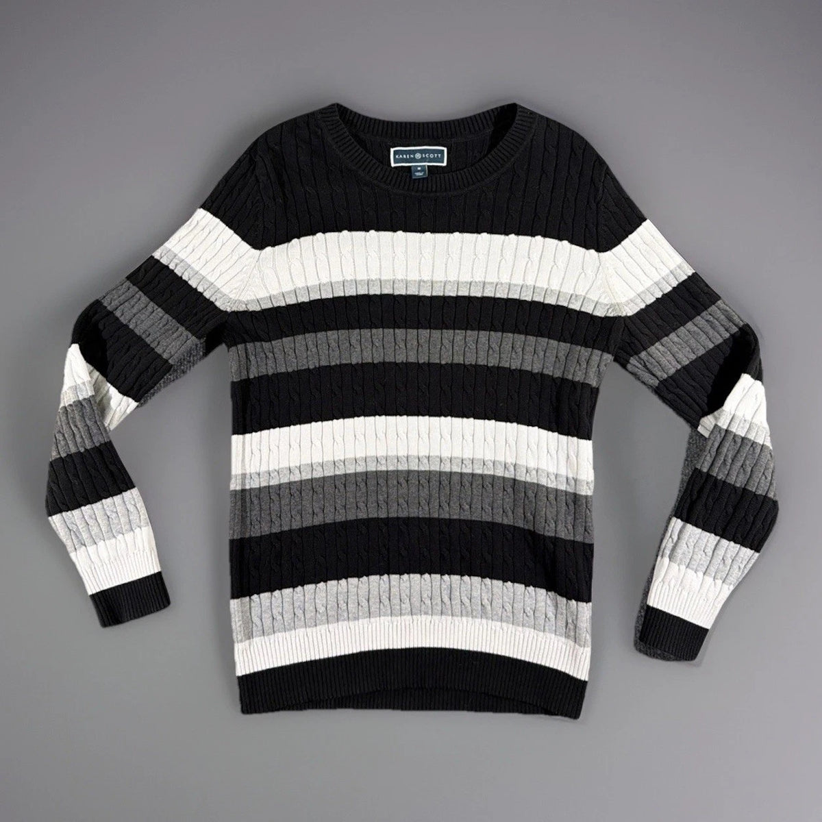 Karen Scott Black White Gray Color Block Chunky Knit Cotton Sweater