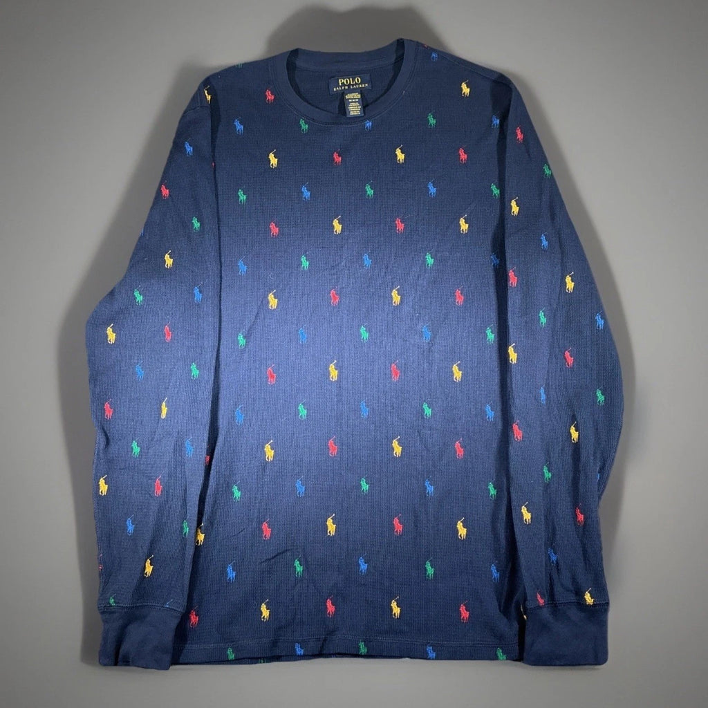 Mens Polo Ralph Lauren Allover Pony Thermal Waffle Knit Long Sleeve Shirt Sz Med