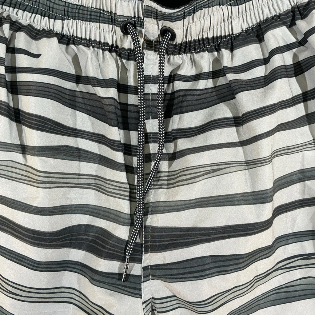 Nike Swim Shorts Mens Size M Gray Black Striped Drawstring Athletic Zip Pockets