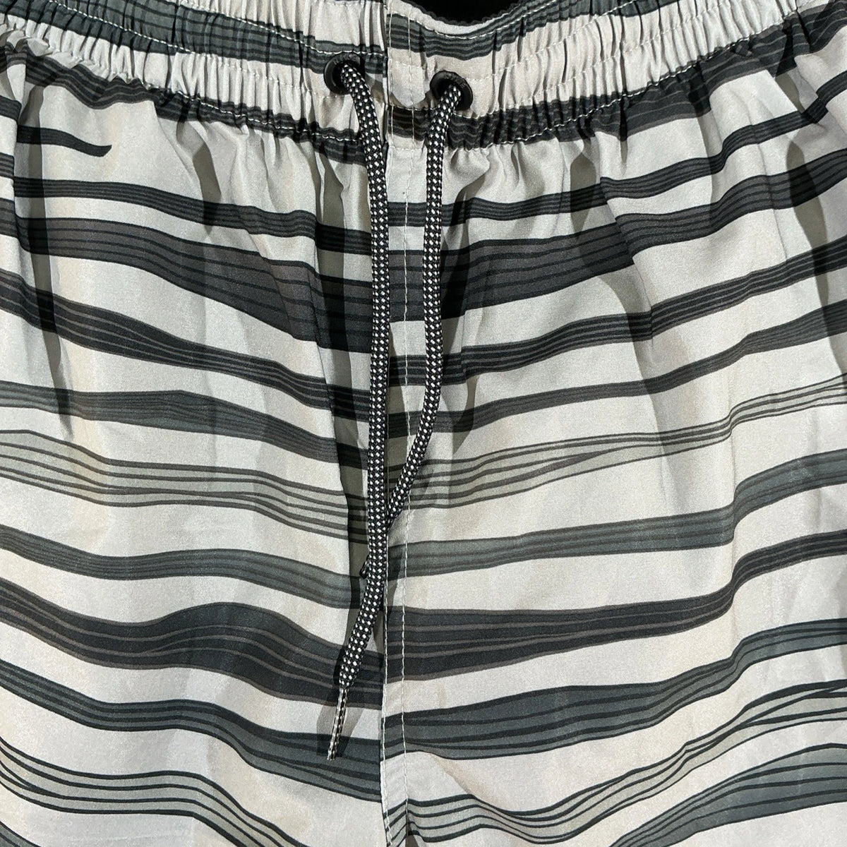 Nike Swim Shorts Mens Size M Gray Black Striped Drawstring Athletic Zip Pockets