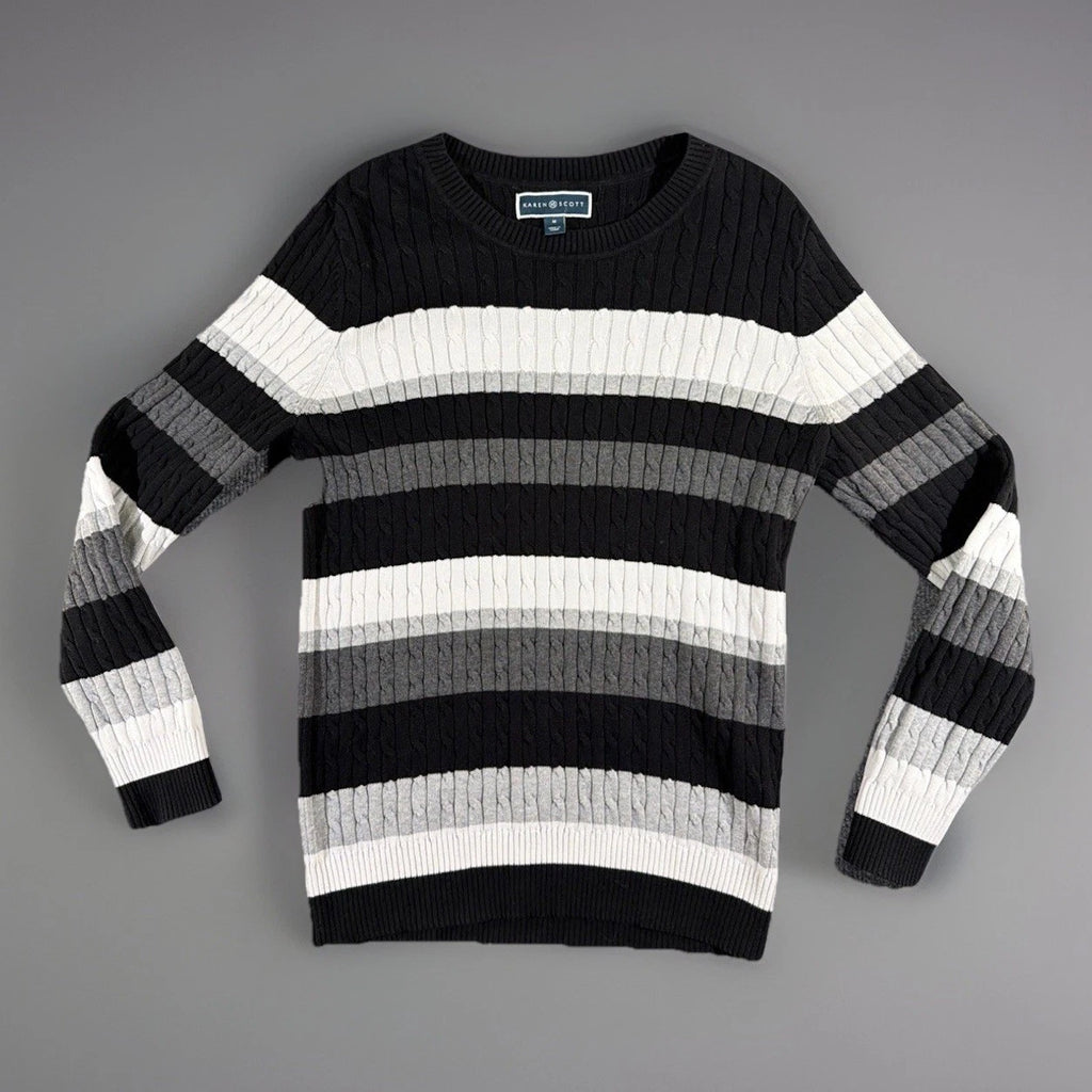 Karen Scott Black White Gray Color Block Chunky Knit Cotton Sweater