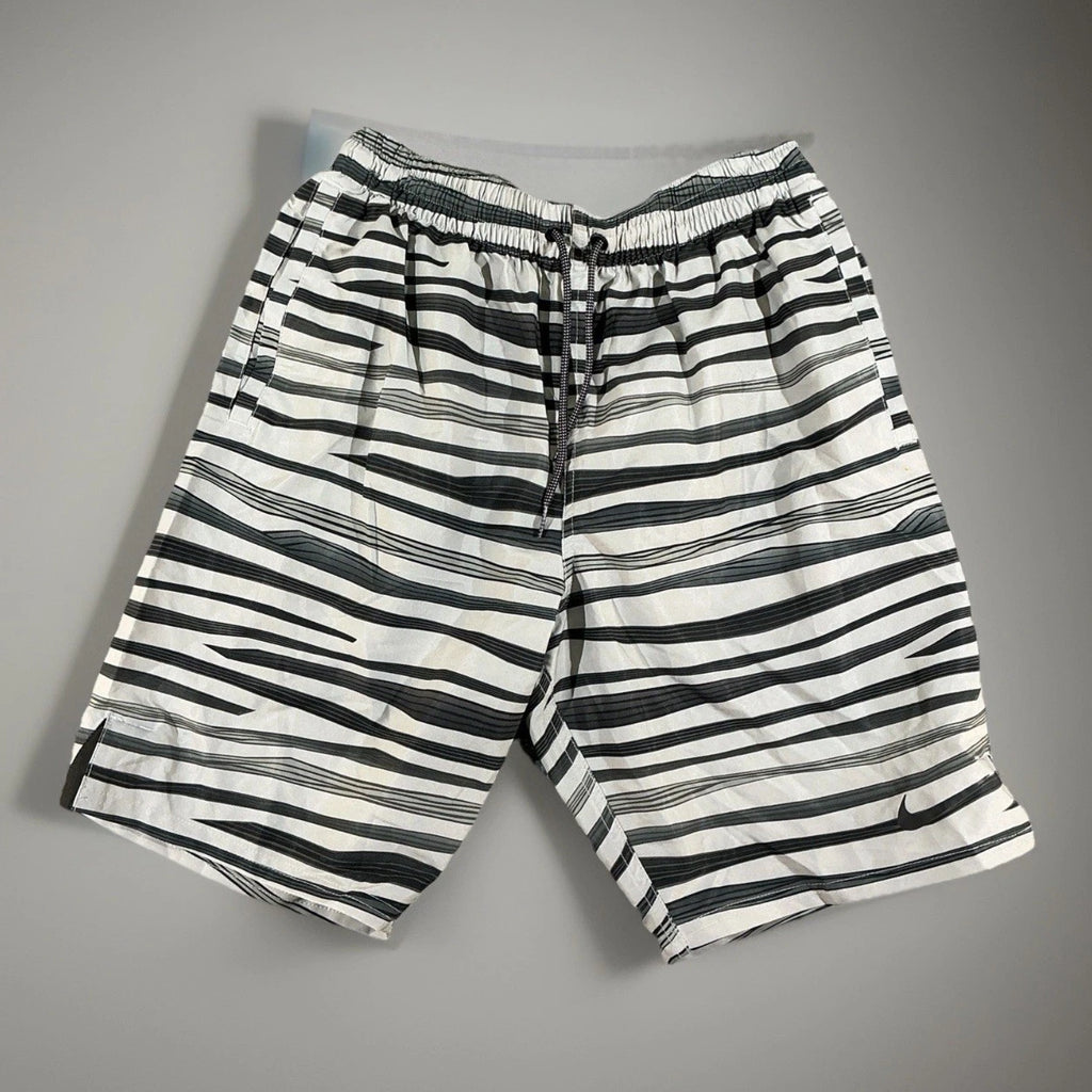 Nike Swim Shorts Mens Size M Gray Black Striped Drawstring Athletic Zip Pockets