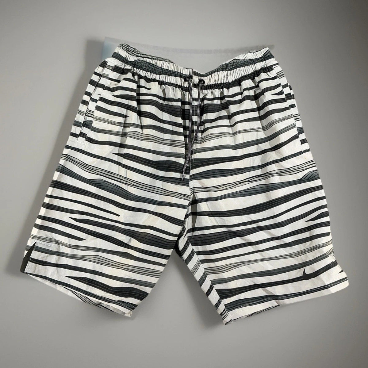 Nike Swim Shorts Mens Size M Gray Black Striped Drawstring Athletic Zip Pockets