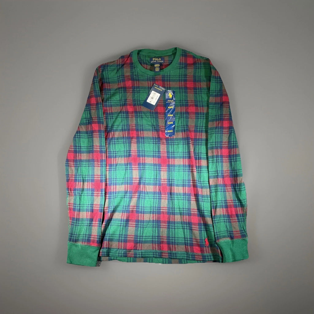 Polo Ralph Lauren Mens Med M Waffle Knit Sleepwear Shirt Thermal Red Green Plaid