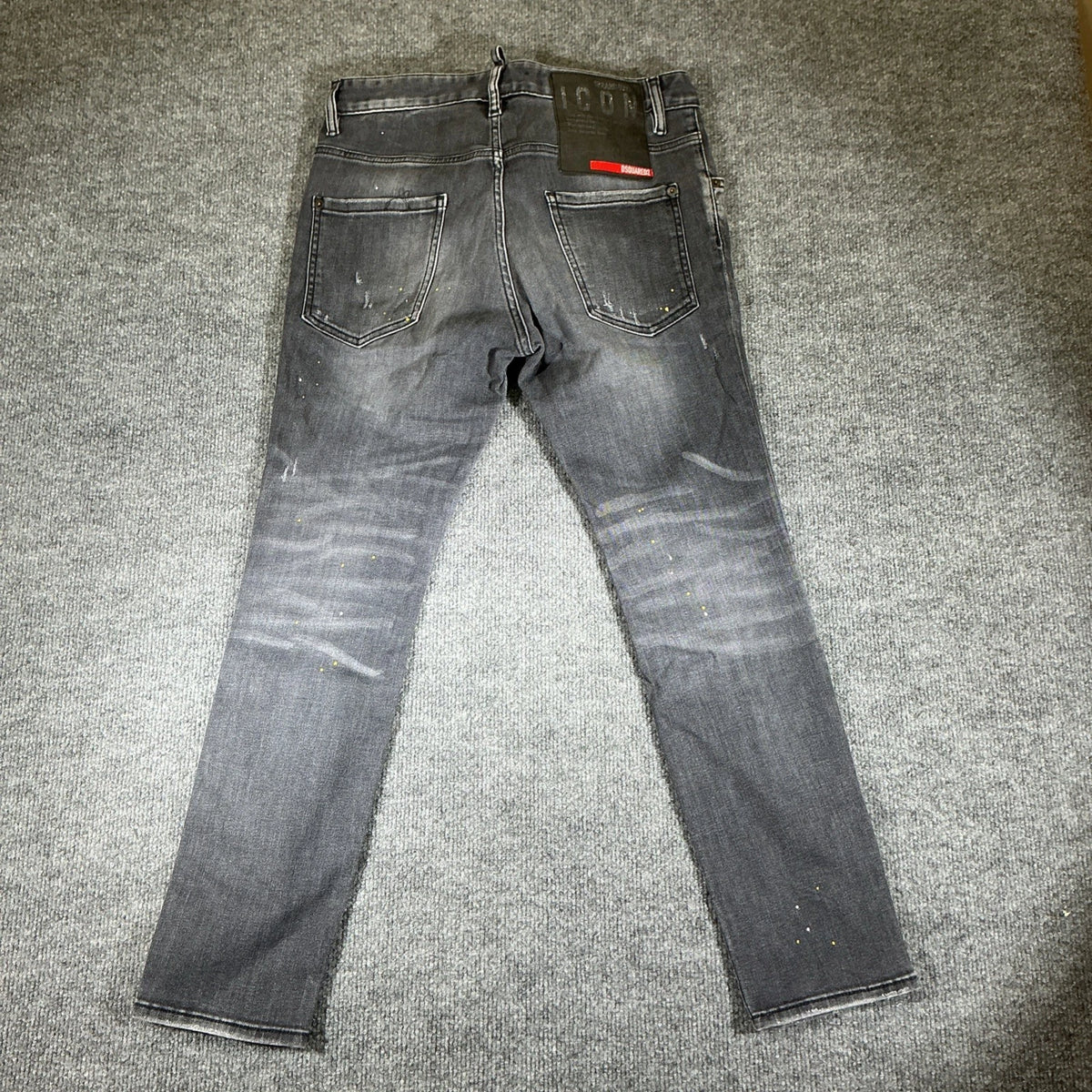 Dsquared2 Men's Black Slim Fit Distressed Paint Splatter Jeans – Size 44