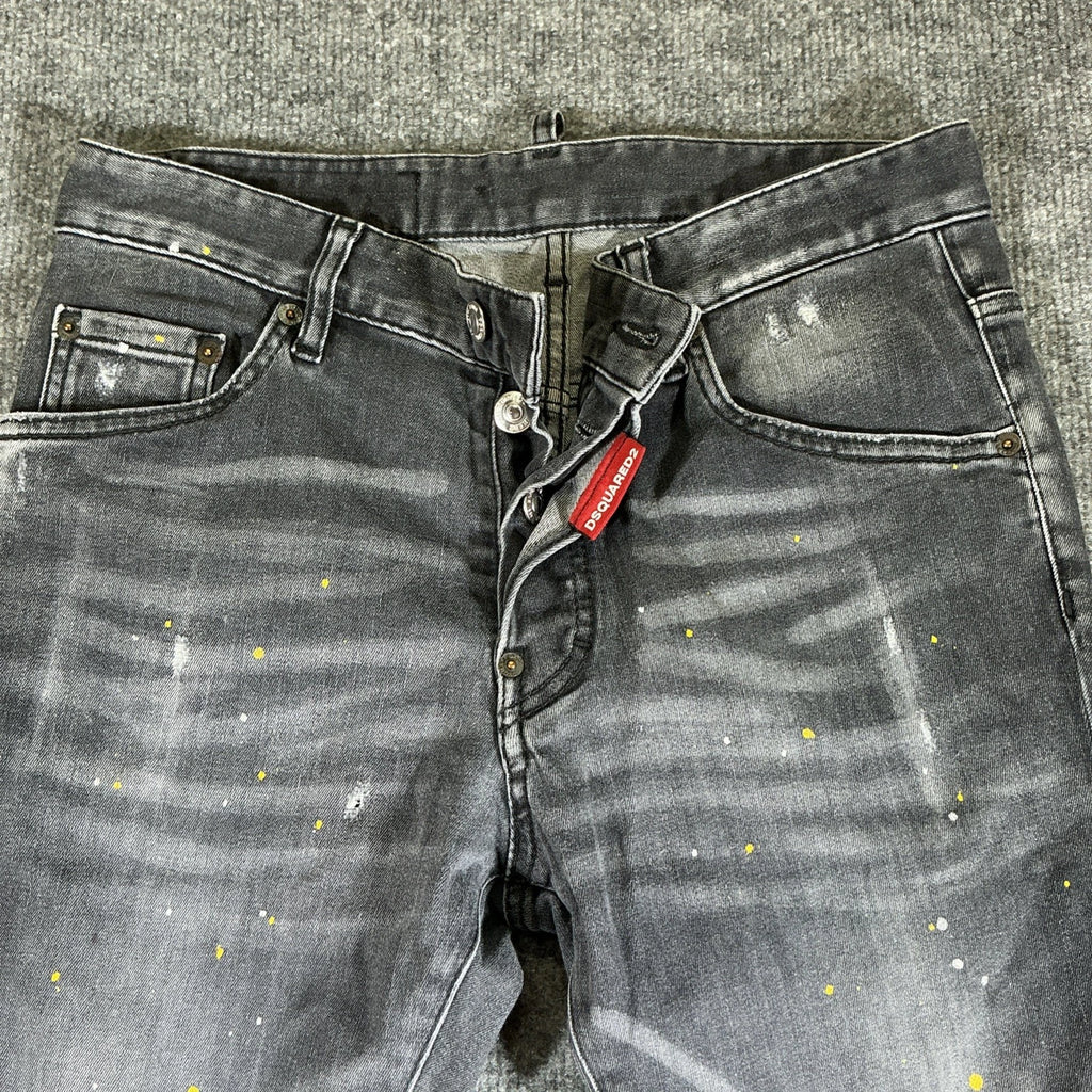 Dsquared2 Men's Black Slim Fit Distressed Paint Splatter Jeans – Size 44