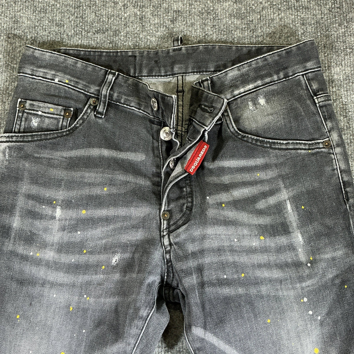 Dsquared2 Men's Black Slim Fit Distressed Paint Splatter Jeans – Size 44